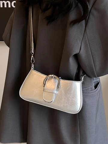 Borsa Sottospalla in Pelle PU Vintage da Donna Borsa a Tracolla Quadrata Minimalista Con Grande Fibbia Argento Piccola Borsa a Spalla
