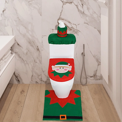 Christmas Bathroom Decoration Set Elf Snowman Reindeer Pattern Toilet Seat Cover And Tank Cover And Floor Mat Rug Decor