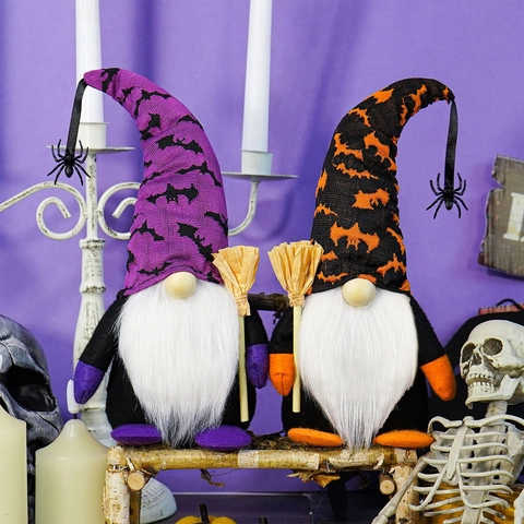 Halloween Faceless Gnome Plush Doll With Bat Pattern Hat Spider Pendant And Mini Broom Tabletop Decoration Festive Gift