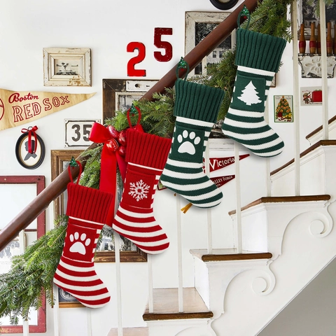 Feestelijke Gebreide Kerstsok Rood Groen Wit Gestreepte Rendier Sneeuwvlok Poot Boom Patroon Vakantie Decoratie Cadeauzak