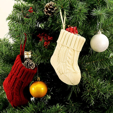 Calze di Natale in Maglia a Trecce Piccole Calze da Appendere per Decorazione Albero di Natale Festa Famiglia Rosso Bianco