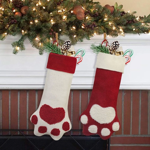 Cable Knit Christmas Stocking With Pet Paw Print Plush Trim Red White Holiday Home Hanging Decoration For Family Gift