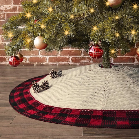 Christmas Tree Skirt Knitted Buffalo Plaid Edge Round Tree Base Mat Decorative Holiday Tree Apron For Party Home Decor