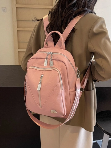 Womens Casual Lychee Grain Synthetic Leather Backpack Versatile Multi-pocket Commuting Daypack With Decorative Woven Shoulder Strap