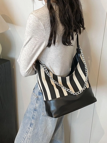 Women Striped Canvas PU Shoulder Bag Silver Chain Trendy Hobo Underarm Crossbody Bag Fashion Tote Daily Versatile Bag