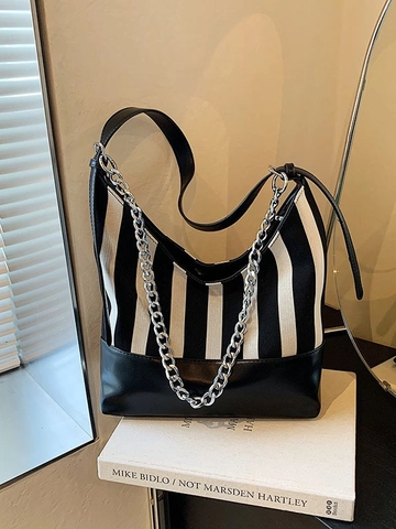 Women Striped Canvas PU Shoulder Bag Silver Chain Trendy Hobo Underarm Crossbody Bag Fashion Tote Daily Versatile Bag