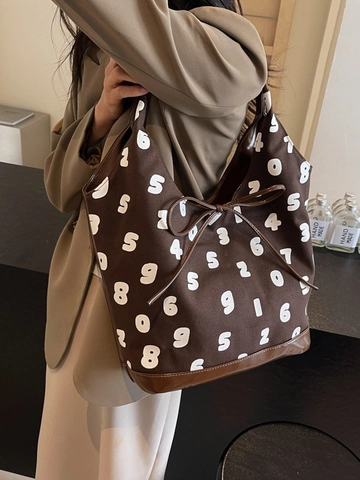 Large Capacity Canvas Shoulder Bag White Number Print Bow Knot Synthetic Leather Base Fashion Women Commute Tote Bag