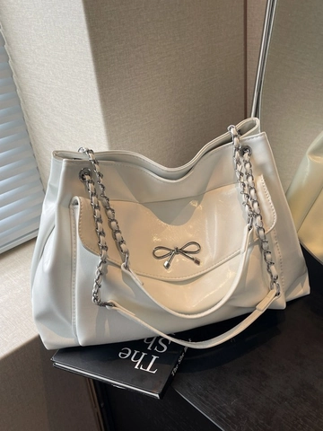 Bolso Tote de Moda para Mujer con Lazo Gran Capacidad Cuero PU Bolso de Hombro Con Cadena de Metal Bolso de Oficina para Mujer