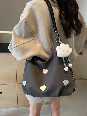 Women Large Capacity Canvas Tote Bag Heart Patch Korean Casual Shoulder Bag With Cloud Pendant Fashion Multifunctional Bag