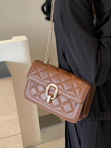 Women Fashion PU Leather Quilted Crossbody Bag With Gold Chain Strap Small Square Shoulder Bag For Daily Party Elegant Wine Red Black Brown Cream White