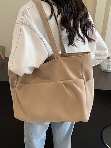 Bolso Tote de Nylon de Gran Capacidad para Mujer Color Sólido con Bolsillos Plisados para Escuela Viajes Trabajo Diario