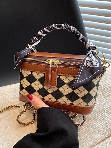 Bolso Bandolera Vintage de Rombos con Cadena para Mujer Bolso de Mano de Lujo de Cuero PU con Asa de Bufanda de Satén