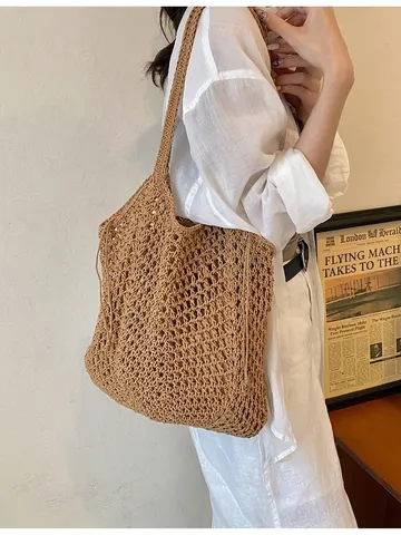 Large Capacity Straw Woven Tote Bag Hollow Mesh Crochet Shoulder Bag Drawstring Inner Pouch Lazy Vacation Beach Women Handbag