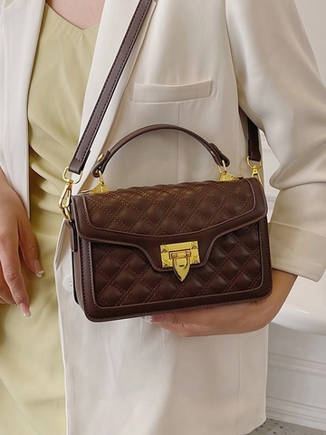 Women's Quilted Rhomboid Grid Square Crossbody Bag PU Leather Top Handle Shoulder Bag With Rivet Metal Lock Autumn Fashion