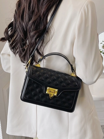 Women's Quilted Rhomboid Grid Square Crossbody Bag PU Leather Top Handle Shoulder Bag With Rivet Metal Lock Autumn Fashion