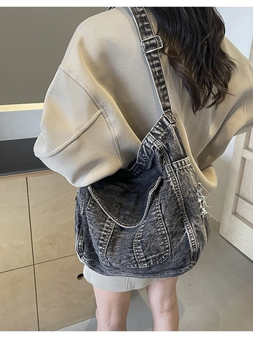 Damen Retro Denim Umhängetasche Große Kapazität Gewaschen Distressed Hobo Bag Casual Verstellbarer Einzelriemen Tote Bag Für Reise