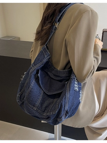 Damen Retro Denim Umhängetasche Große Kapazität Gewaschen Distressed Hobo Bag Casual Verstellbarer Einzelriemen Tote Bag Für Reise