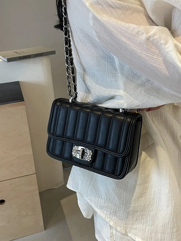 Women's Trendy Vertical Quilted Small Square Bag PU Leather Chain Crossbody Bag With Rhinestone Lock Stylish Shoulder Bag