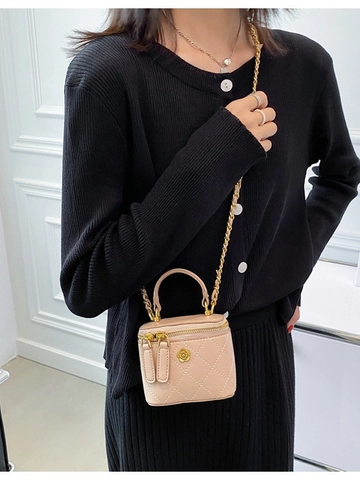 Women's Mini Quilted Chain Crossbody Bag PU Leather Camellia Decor Elegant Bucket Handbag Fashion Small Shoulder Purse