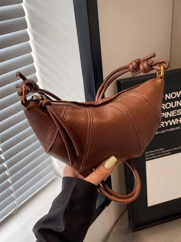 Vintage PU Leather Croissant Bag For Women Minimalist Knot Strap Crossbody Bag Solid Color Commuting Shoulder Bag Small Dumpling Purse