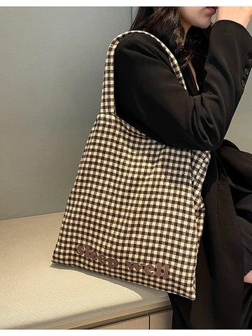 Women Fashion Large Capacity Canvas Tote Bag Korean Style Gingham Plaid Shoulder Bag Casual Shopping Bag With Letter Print