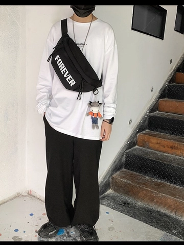 Fashion Forever Letter Print Chest Bag Large Capacity Nylon Crossbody Bag Streetwear Waist Bag With Plush Cow Charm Bag