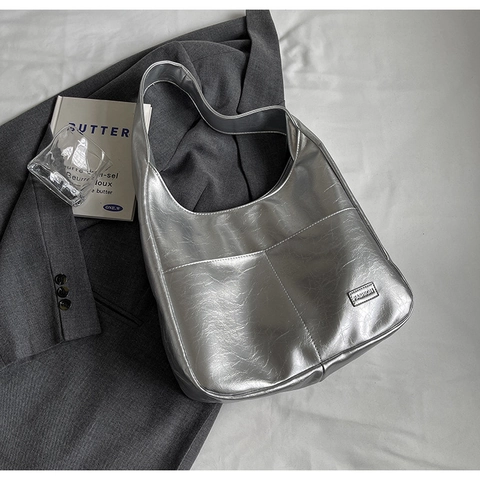 Bolso de Hombro para Mujer de Gran Capacidad de Cuero PU Brillante Metálico Tote Moda Hobo Costuras de Contraste Bolso