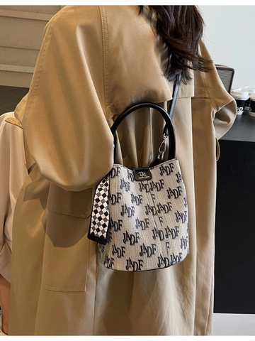 Vintage PU Leder Bucket Bag Für Frauen Mode Umhängetasche Mit Dekorativem Satin Schal Täglich Pendeln Handtasche