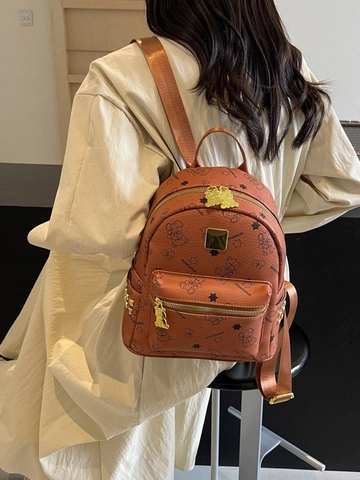 Fashion Women Mini PU Leather Backpack Teddy Bear Star Print Gold Rivets Travel Commuter Rucksack Casual Shoulder Bag
