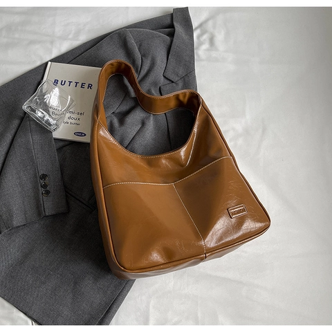 Bolso de Hombro para Mujer de Gran Capacidad de Cuero PU Brillante Metálico Tote Moda Hobo Costuras de Contraste Bolso