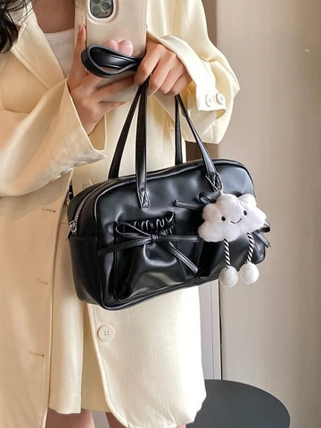 Vintage PU Leather Bowling Bag For Women With Bow Ribbon Cloud Charm Retro Shoulder Handheld Boston Underarm Bag