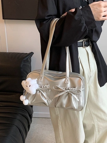Vintage PU Leather Bowling Bag For Women With Bow Ribbon Cloud Charm Retro Shoulder Handheld Boston Underarm Bag