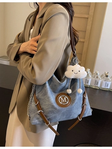Damen Große Kapazität PU Leder Gewaschene Segeltuch Umhängetasche Vintage Crossbody Tote Mit M Logo Und Wolkenanhänger
