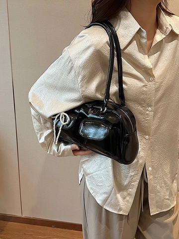 Women Shiny Patent PU Leather Shoulder Bag With Artificial Pearl Bow Charm Dual Front Pockets Retro Boston Bag For Commuting Fashion