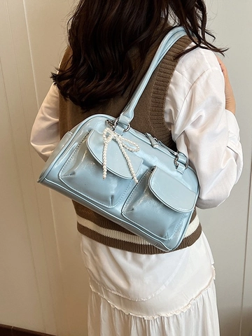 Women Shiny Patent PU Leather Shoulder Bag With Artificial Pearl Bow Charm Dual Front Pockets Retro Boston Bag For Commuting Fashion