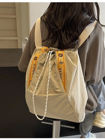 Women Large Capacity Canvas Tote Bag Backpack Multi-Way Carrying Drawstring Casual Travel School Contrast Letter Strap Bag