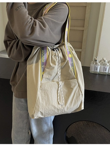 Women Large Capacity Canvas Tote Bag Backpack Multi-Way Carrying Drawstring Casual Travel School Contrast Letter Strap Bag