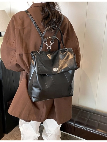 Mode Dames Rugzak PU Leer Vintage Patchwork Stiksel Schooltas Met Metalen Slot Grote Capaciteit Reistas