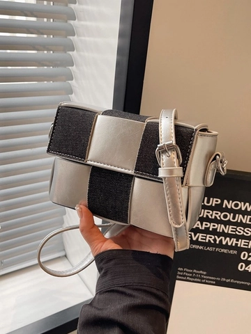 Gewebte Schachbrett Schultertasche PU Leder Denim Nähte Umhängetasche Kleine Quadratische Tasche Modern Mode Damen Handtasche