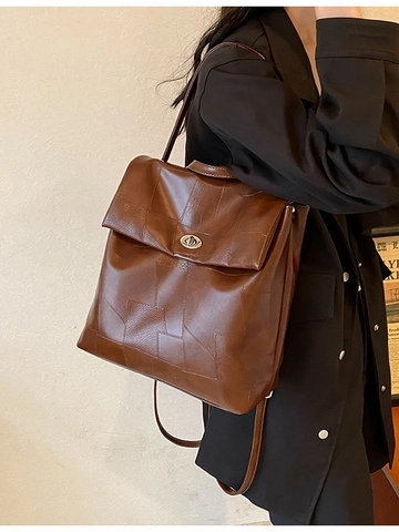 Mode Dames Rugzak PU Leer Vintage Patchwork Stiksel Schooltas Met Metalen Slot Grote Capaciteit Reistas