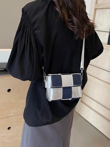 Gewebte Schachbrett Schultertasche PU Leder Denim Nähte Umhängetasche Kleine Quadratische Tasche Modern Mode Damen Handtasche