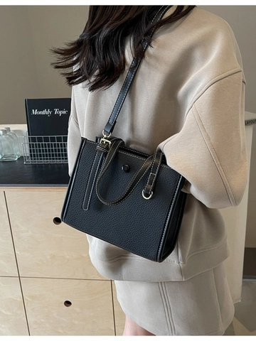 Sac Fourre-Tout Femme en Cuir PU Niche Motif Lychee Surpiqûres Contrastées Sac Bandoulière Polyvalent avec Sangle Réglable