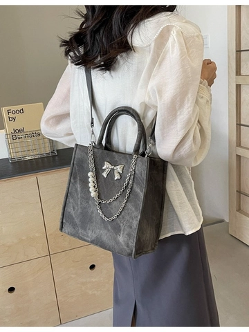 Bolso Tote de Cuero PU Vintage para Mujer Con Lazo de Metal y Cadena de Perlas Artificiales Decoración Bolso de Bandolera Gran Capacidad