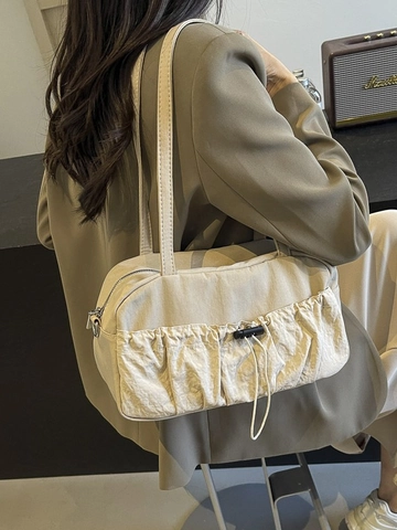 Women Ruched Shoulder Bag Pleated Nylon Underarm Bag Large Capacity Commuter Handbag Solid Color Cloth Bag For Office Daily