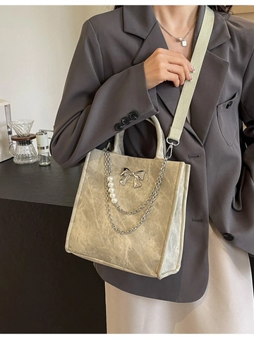Bolso Tote de Cuero PU Vintage para Mujer Con Lazo de Metal y Cadena de Perlas Artificiales Decoración Bolso de Bandolera Gran Capacidad