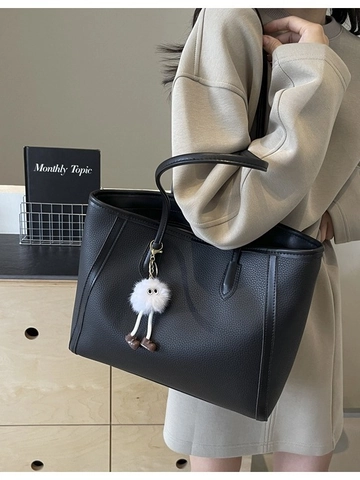 Bolso Tote Grande De Cuero PU Para Mujer Patrón Lichi Bolso De Hombro Con Colgante De Peluche Color Sólido Oficina Diario