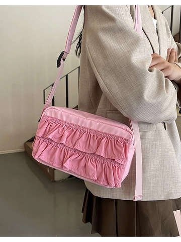Women Sweet Princess Style Ruffle Pleated Nylon Crossbody Bag Chic Lightweight Solid Color Adjustable Wide Strap Bag
