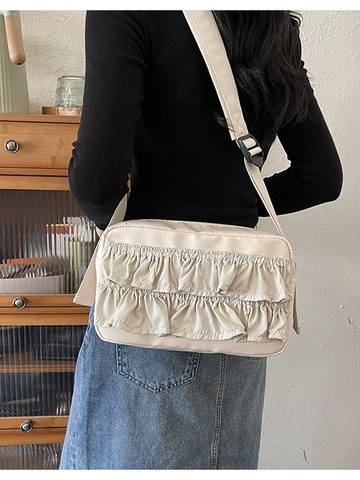 Women Sweet Princess Style Ruffle Pleated Nylon Crossbody Bag Chic Lightweight Solid Color Adjustable Wide Strap Bag