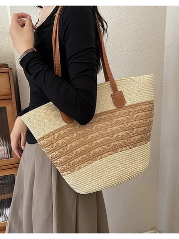 Borsa Tote in Paglia Intrecciata a Grande Capacità per Donna Borsa a Tracolla Casual per Spiaggia Vacanza Patchwork a Righe