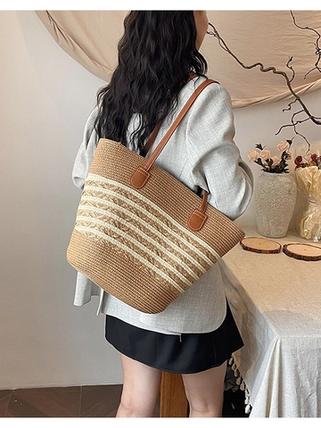 Borsa Tote in Paglia Intrecciata a Grande Capacità per Donna Borsa a Tracolla Casual per Spiaggia Vacanza Patchwork a Righe